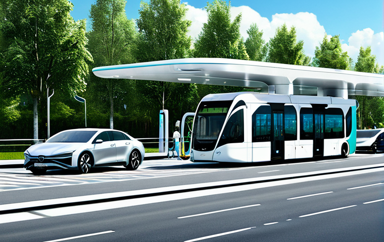 **

A modern hydrogen refueling station.  Sleek, futuristic design.  Cars and buses are being refueled.  Bright, sunny day.  Background:  A clean, modern city with green spaces. Focus on the technology and eco-friendliness. Fully clothed people in appropriate attire are operating the station and driving vehicles.  Safe for work, professional, appropriate content, perfect anatomy, correct proportions, natural pose, high quality.

**