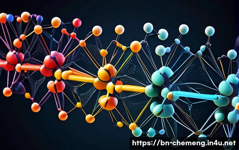 고분자공학 - A detailed scientific illustration of polymer macromolecules showing diverse monomer units linked by...