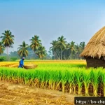 바이오연료 생산 공정 - A vibrant, detailed rural Bangladeshi village scene showcasing biofuel production: farmers harvestin...