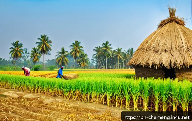 바이오연료 생산 공정 - A vibrant, detailed rural Bangladeshi village scene showcasing biofuel production: farmers harvestin...