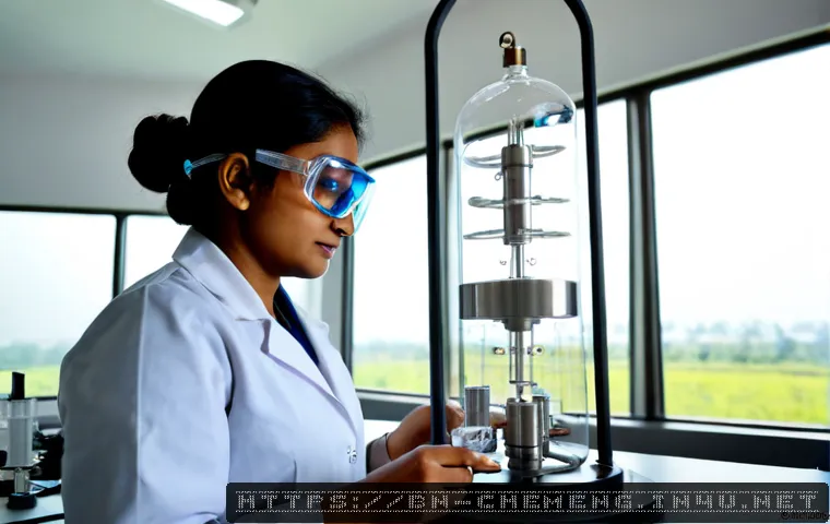 Home 17 화학공학과 재료과학 - Photorealistic chemical engineering laboratory, South Asian female scientist in safety goggles and w...