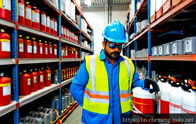 위험물 관리 및 산업안전 - Photorealistic industrial safety inspection inside a clean chemical storage warehouse, South Asian s...